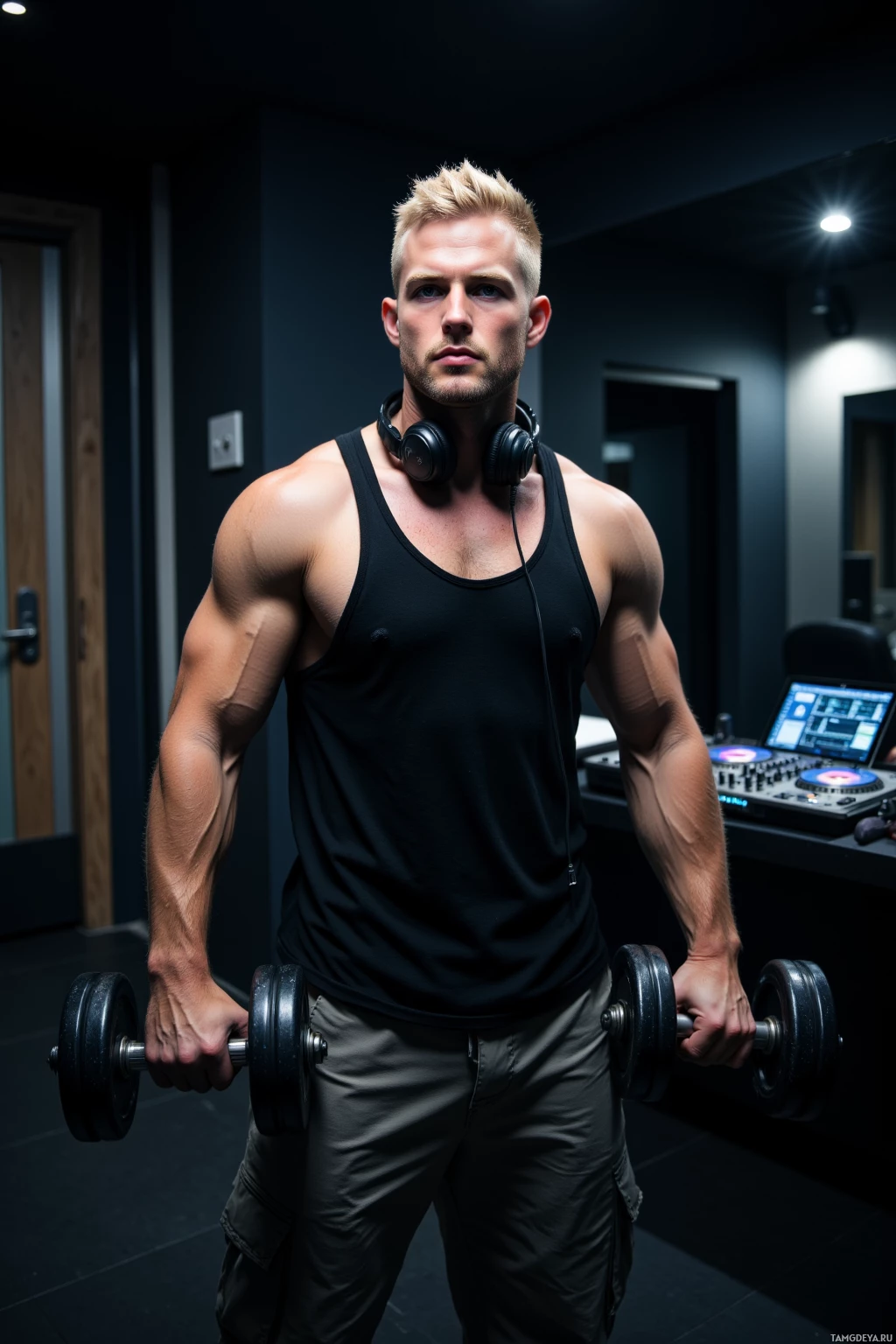 A muscular man in a gym holds dumbbells, wearing a black tank top and headphones.