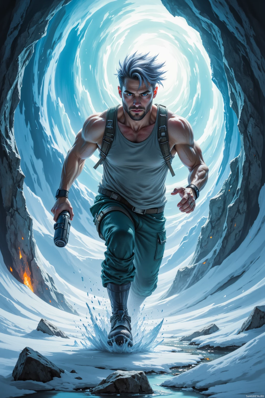 A muscular man in a tank top and cargo pants runs through a snowy tunnel.