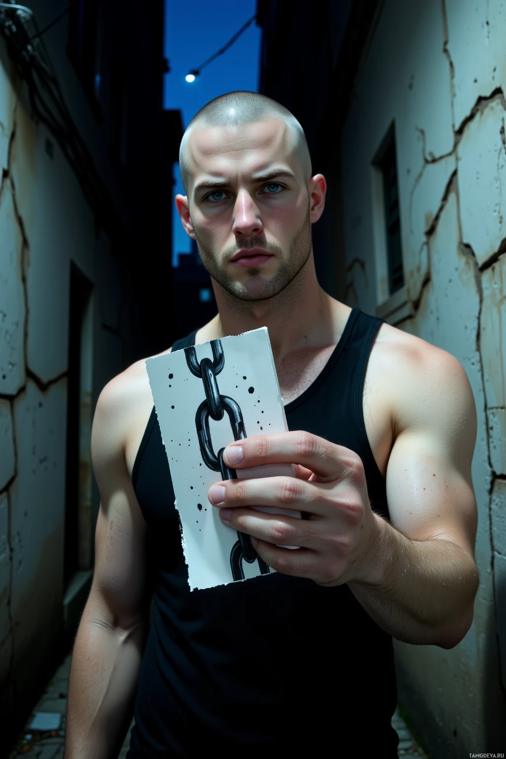 A man in a black tank top holds a piece of paper with a chain drawing, standing in a narrow alleyway at night.