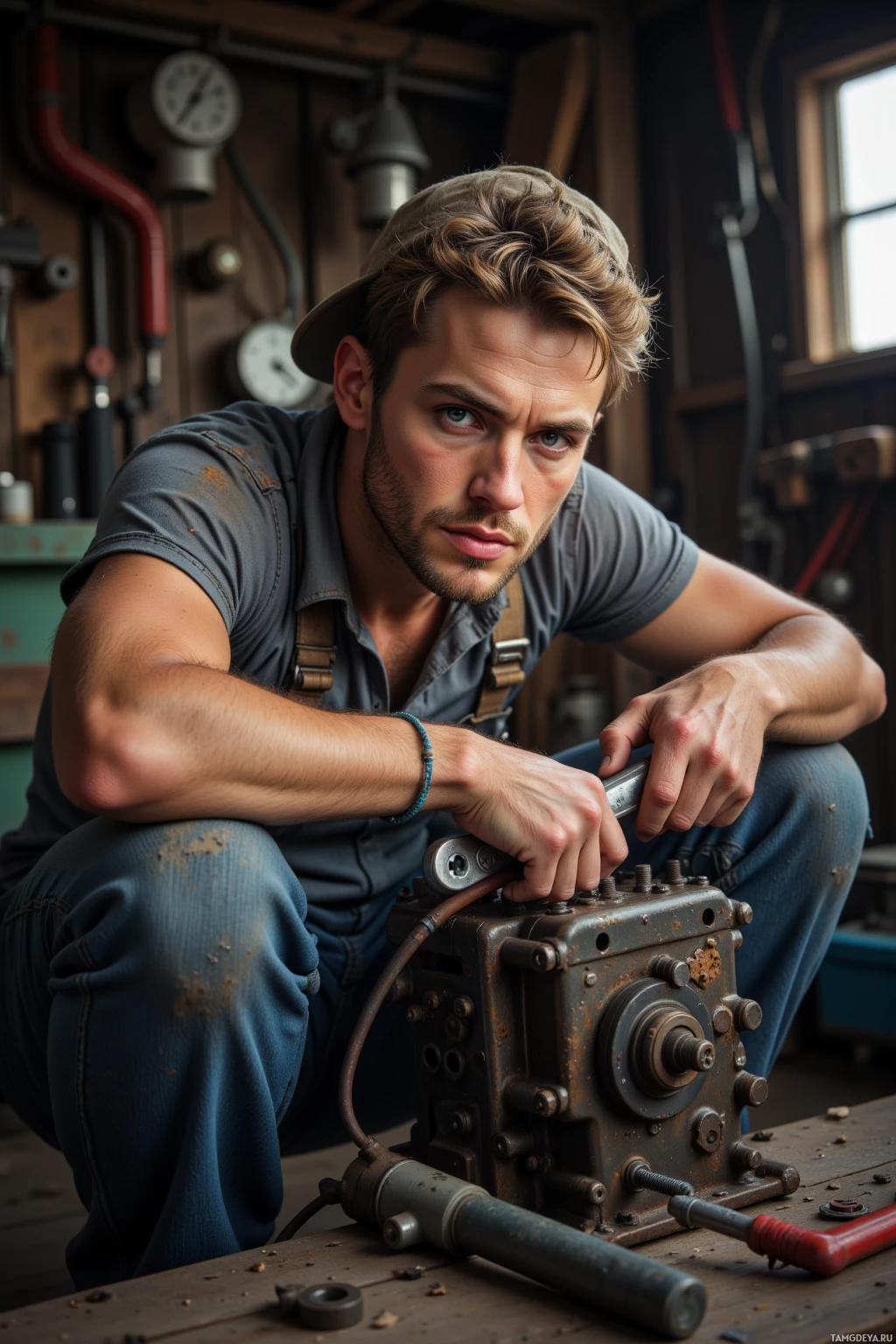 A man in a workshop setting, wearing a cap and overalls, is focused on a mechanical device.