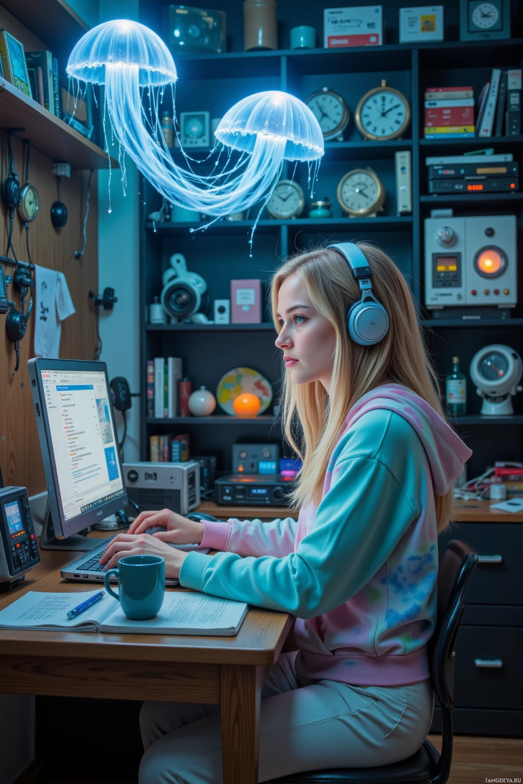 A person wearing headphones works at a desk with a glowing jellyfish above, surrounded by books and clocks.