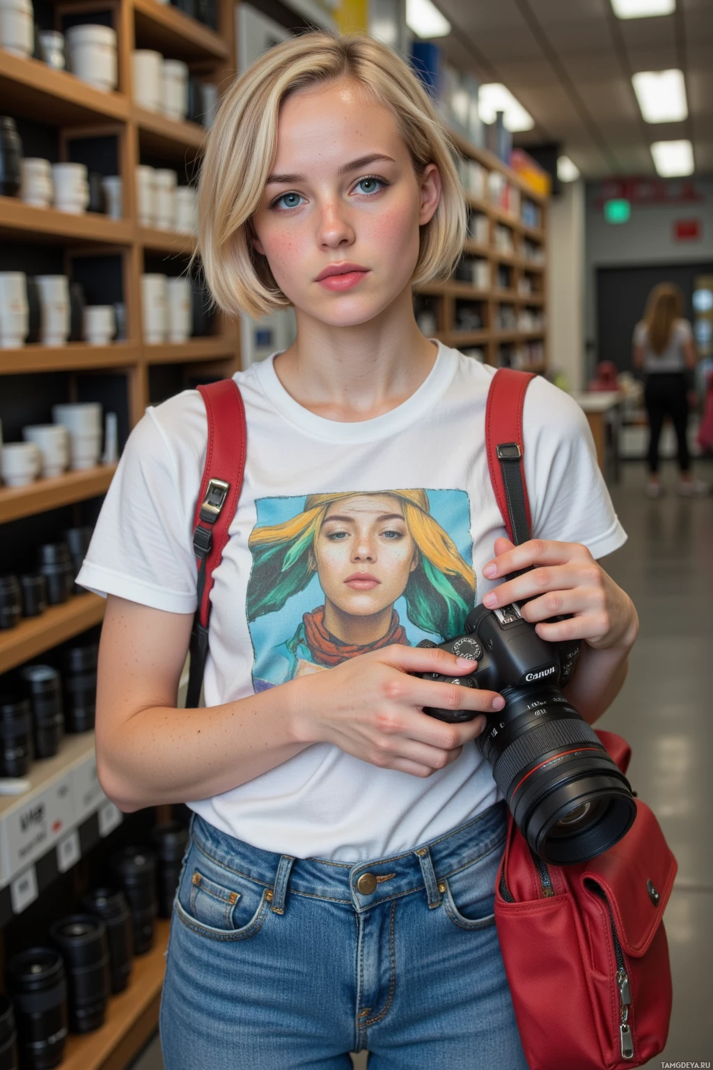 A person wearing a white t-shirt with a colorful graphic and holding a camera stands in a store aisle.