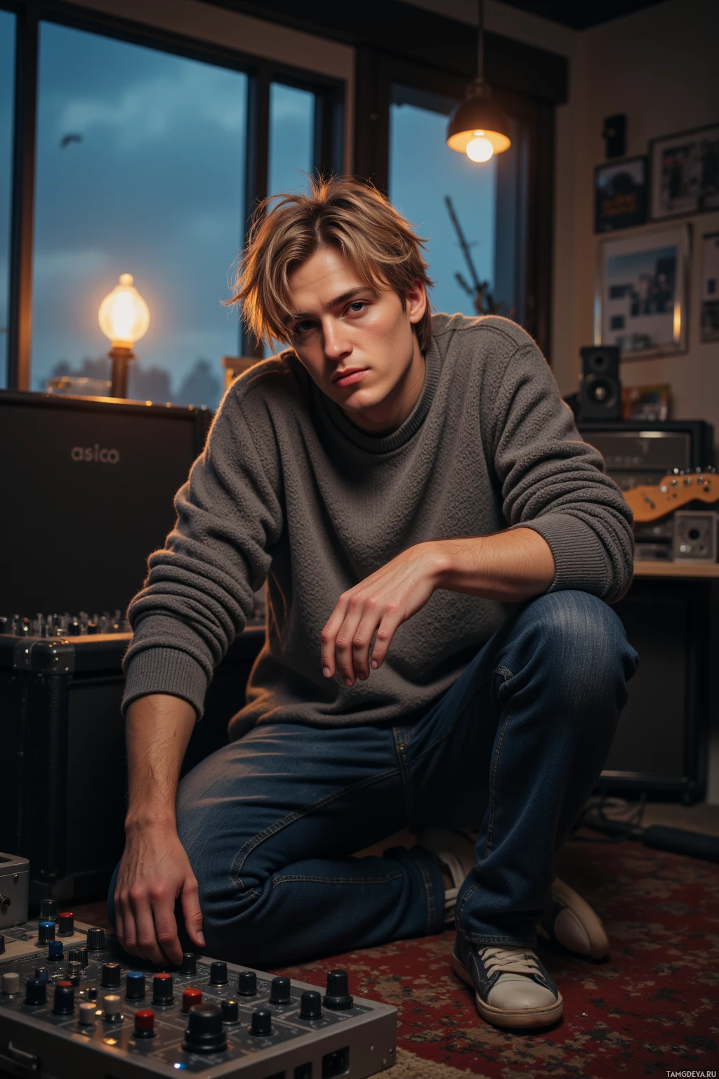 A person in a studio setting, crouching and interacting with a control panel.
