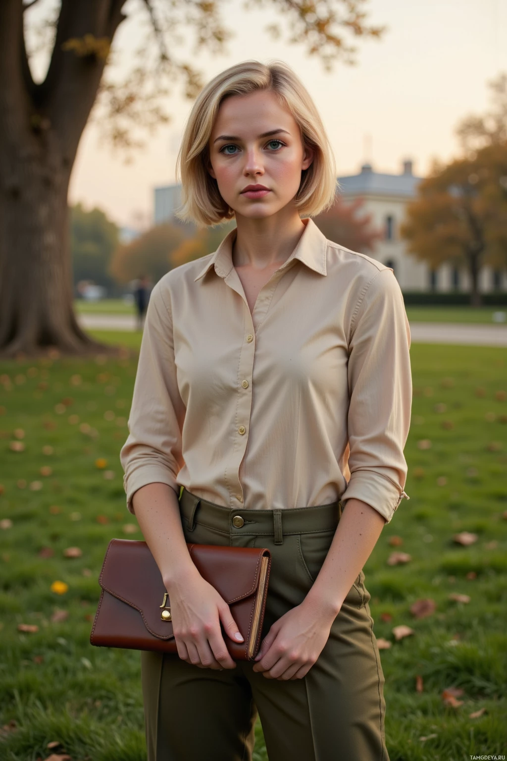 A woman stands outdoors in a park, wearing a beige shirt and olive green pants, holding a brown clutch.