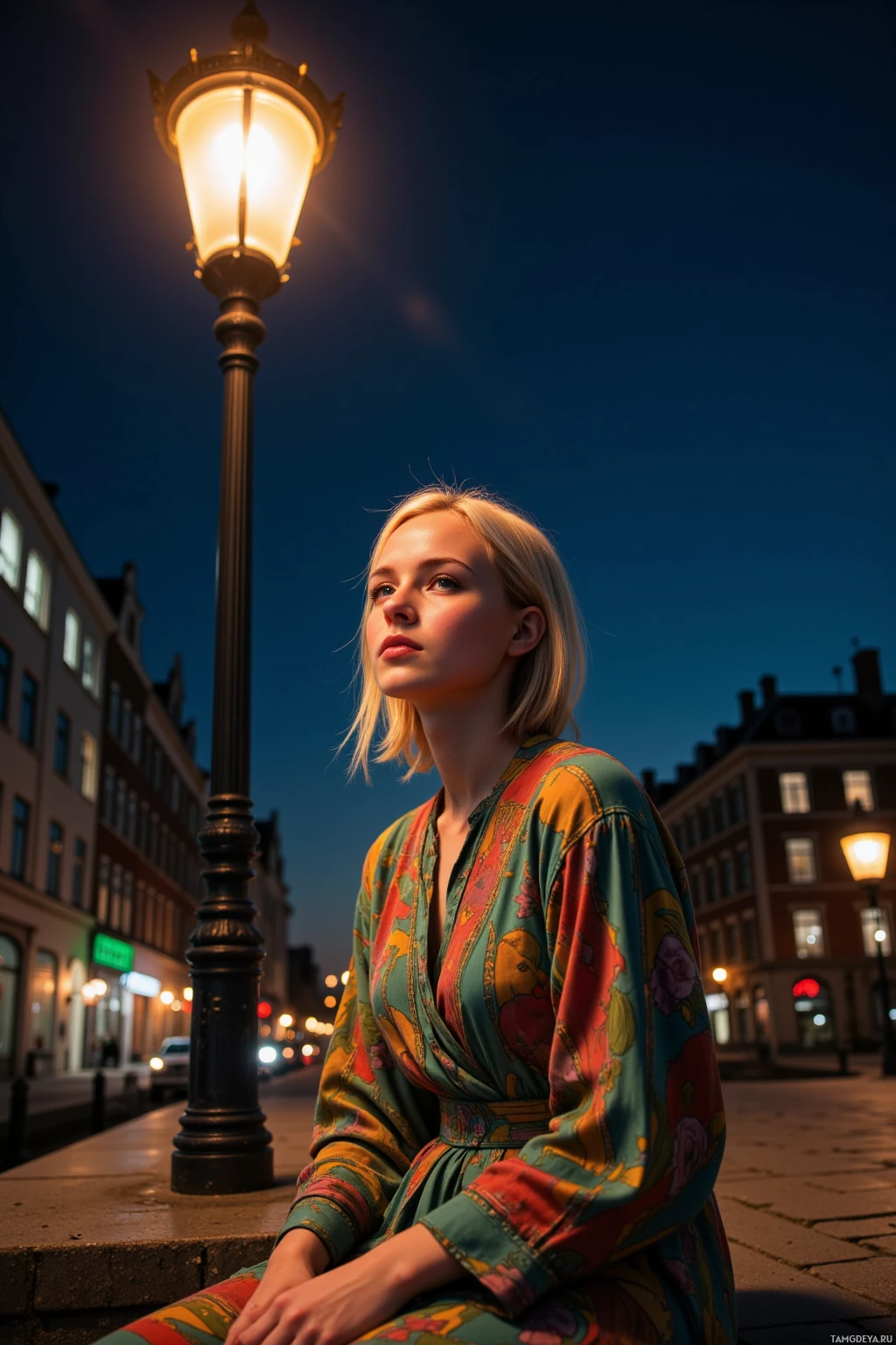 A woman in a colorful dress sits on a ledge under a streetlamp at night.