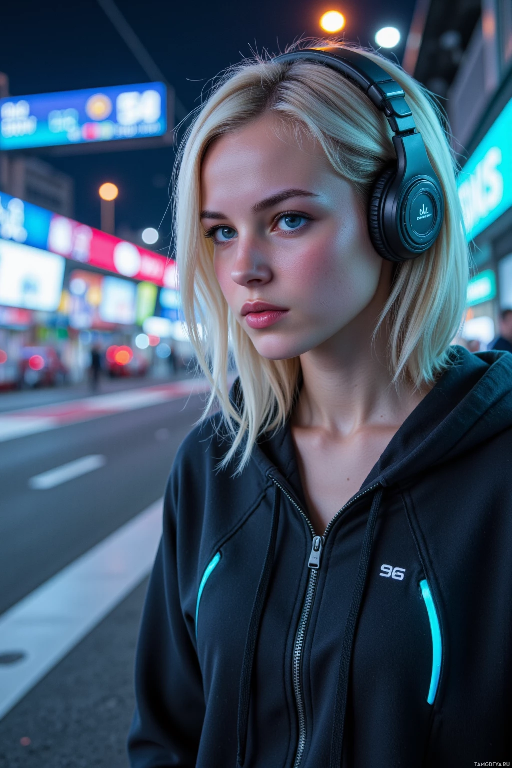 A person wearing headphones and a black hoodie stands on a city street at night.