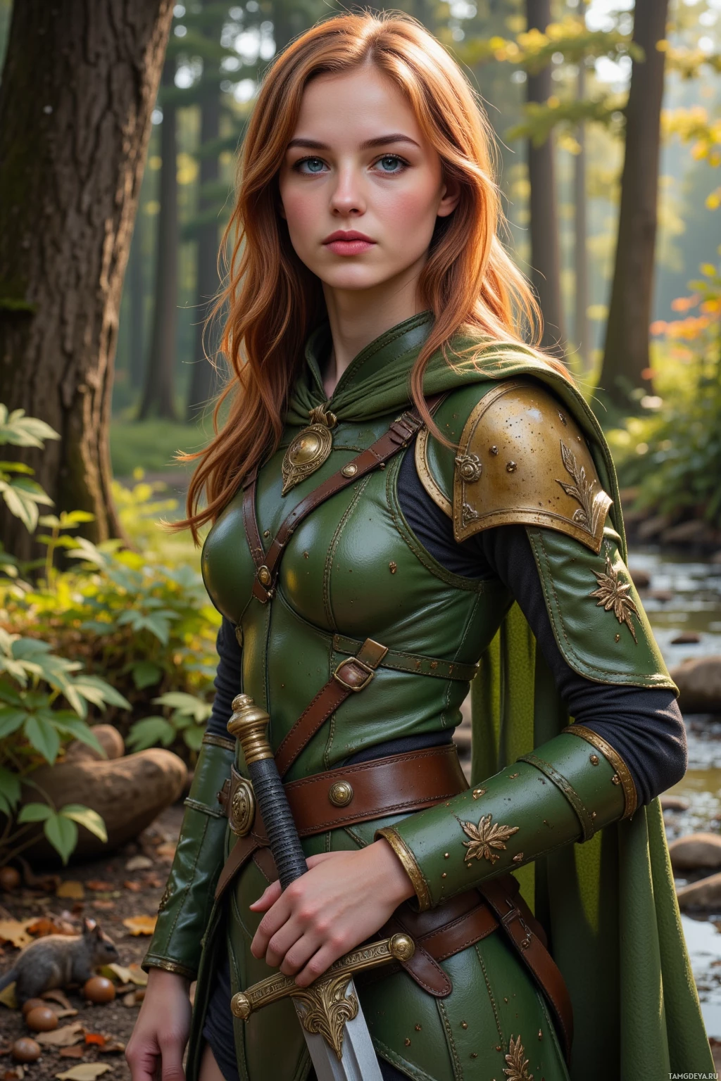 A woman in green armor stands in a forest, holding a sword.
