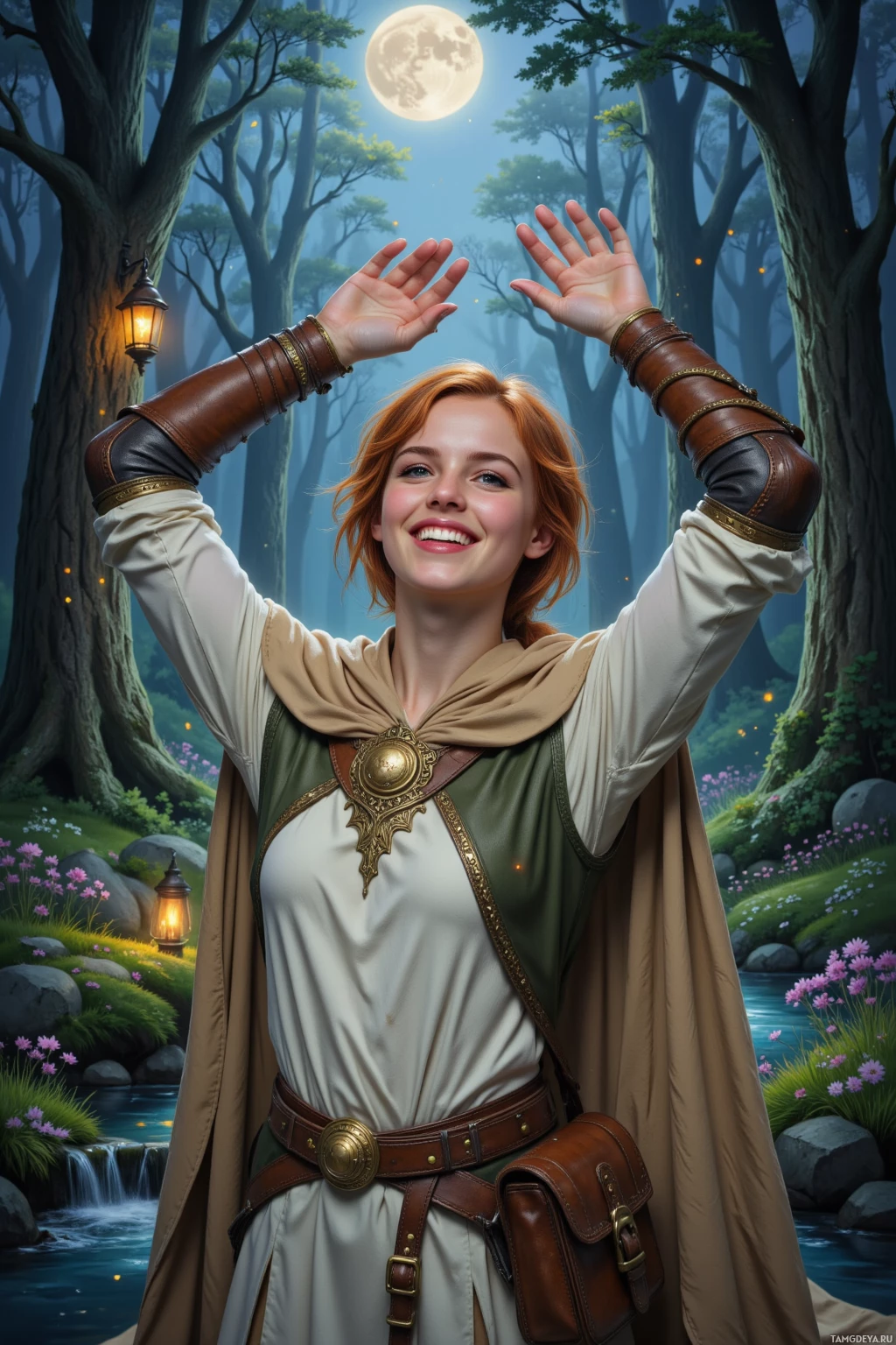 A woman in a medieval-style outfit stands in a forest with her arms raised, smiling.