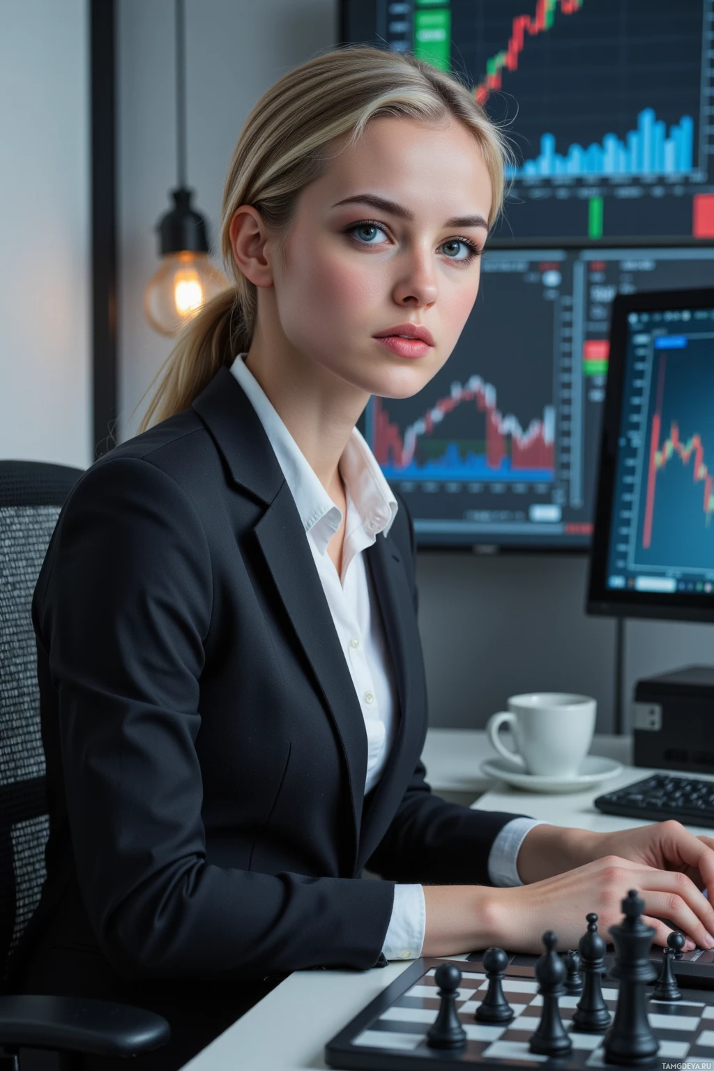 A woman in a professional setting with a chessboard and financial data on monitors.