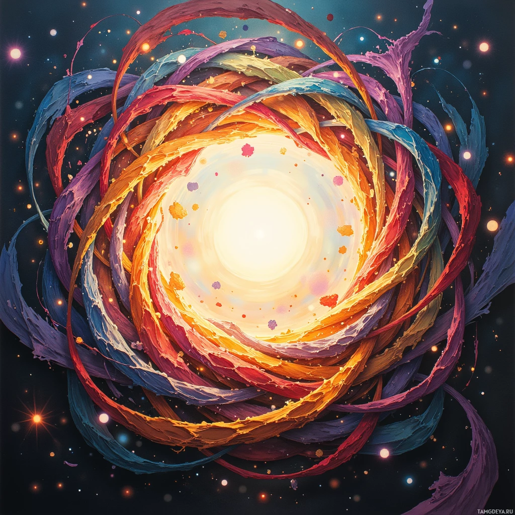 A vibrant, abstract spiral with swirling colors and glowing particles against a dark background.