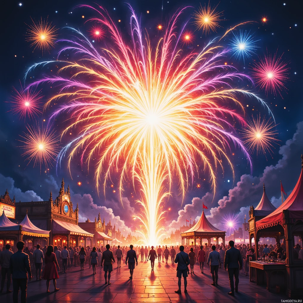 A vibrant fireworks display illuminates a festive outdoor scene with people and market stalls.