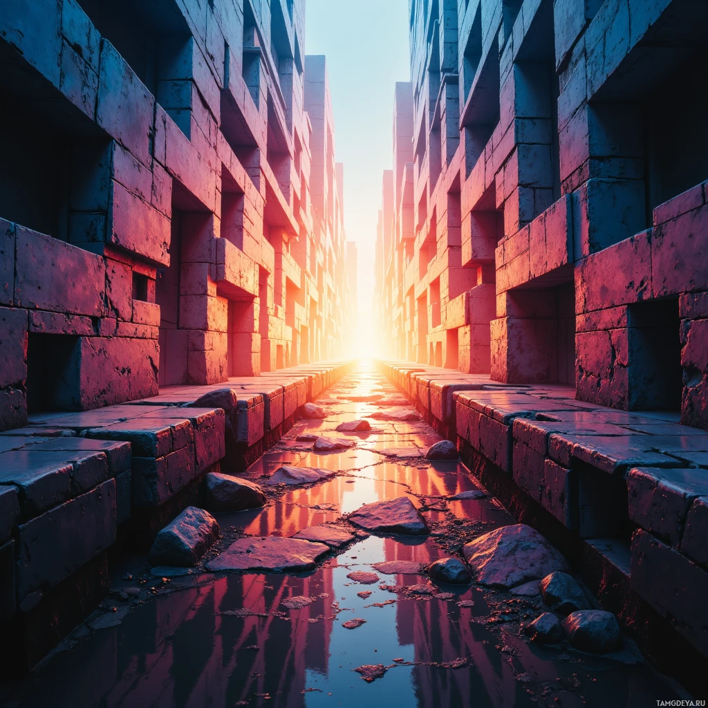 A narrow stone alleyway with a glowing light at the end.
