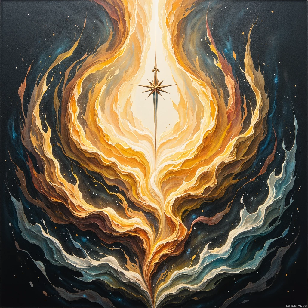 A vibrant cosmic scene with swirling flames and a central star-like figure.