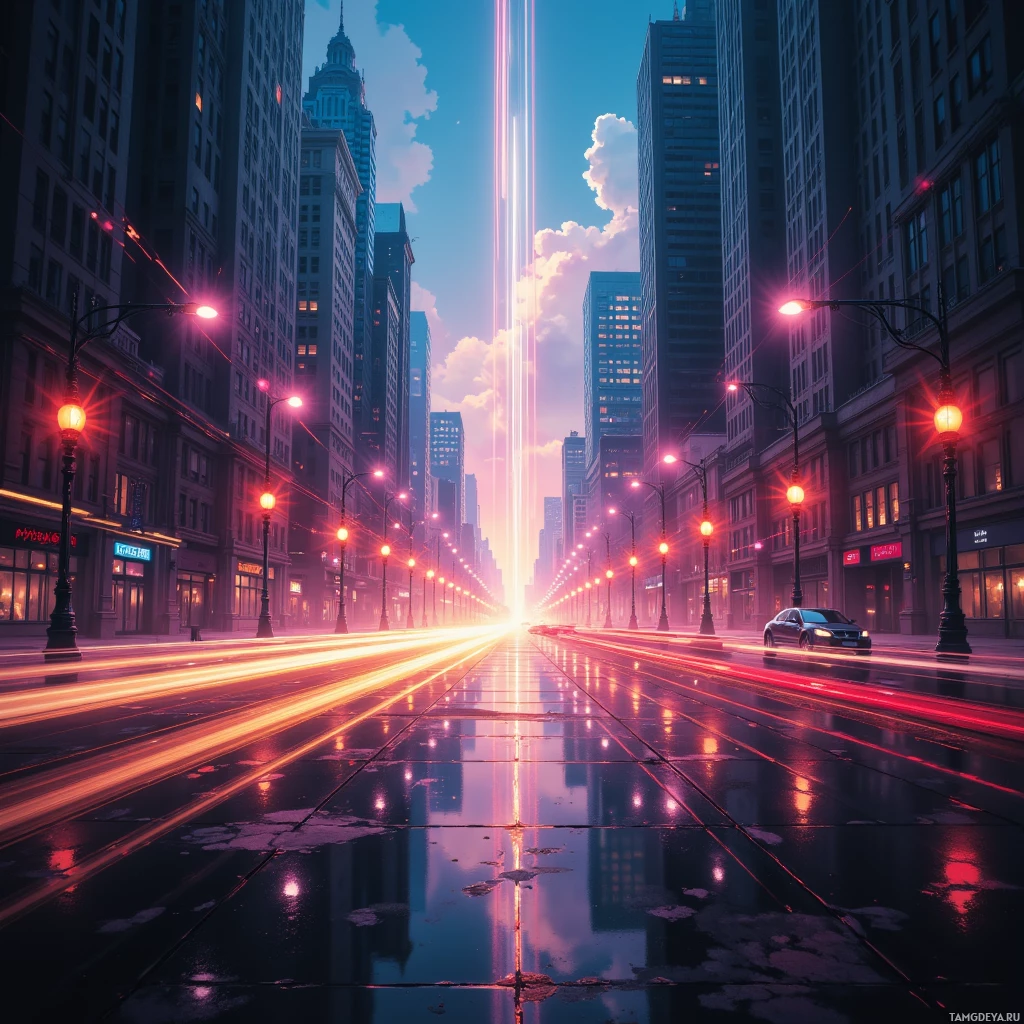 A vibrant city street at dusk with tall buildings, glowing streetlights, and streaks of light reflecting on the wet pavement.