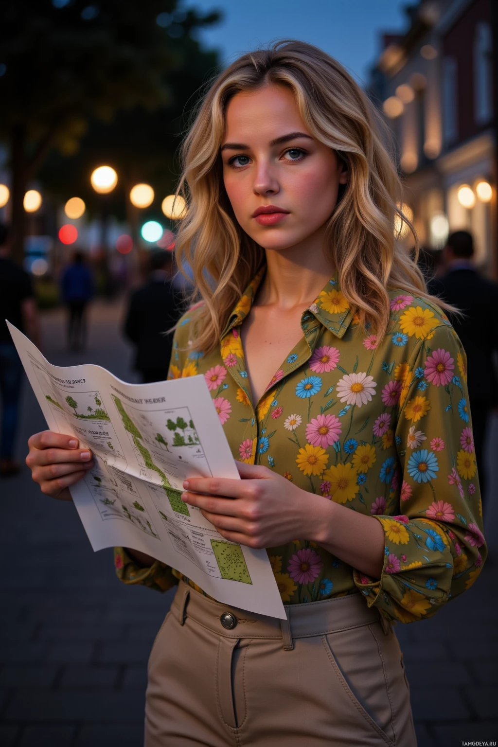 A woman in a floral shirt holds a map while standing on a street at dusk.