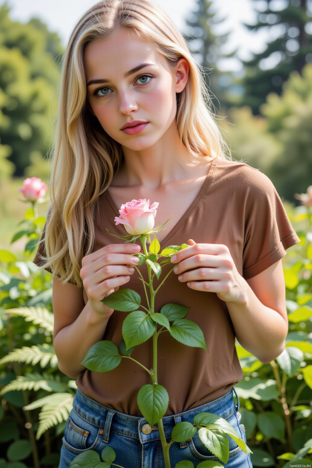 A person holding a rose in a garden setting.