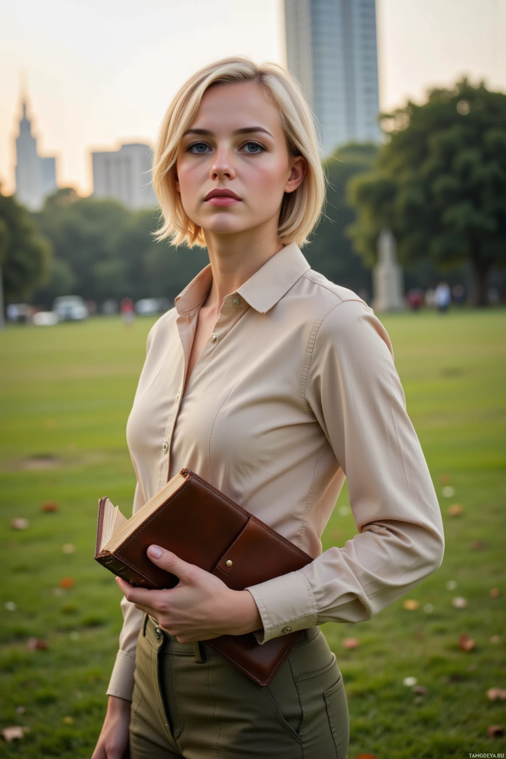 A woman stands in a park holding a book, dressed in a beige shirt and olive pants.