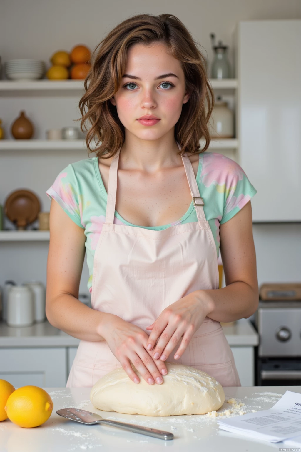 A person wearing an apron kneads dough on a kitchen counter.