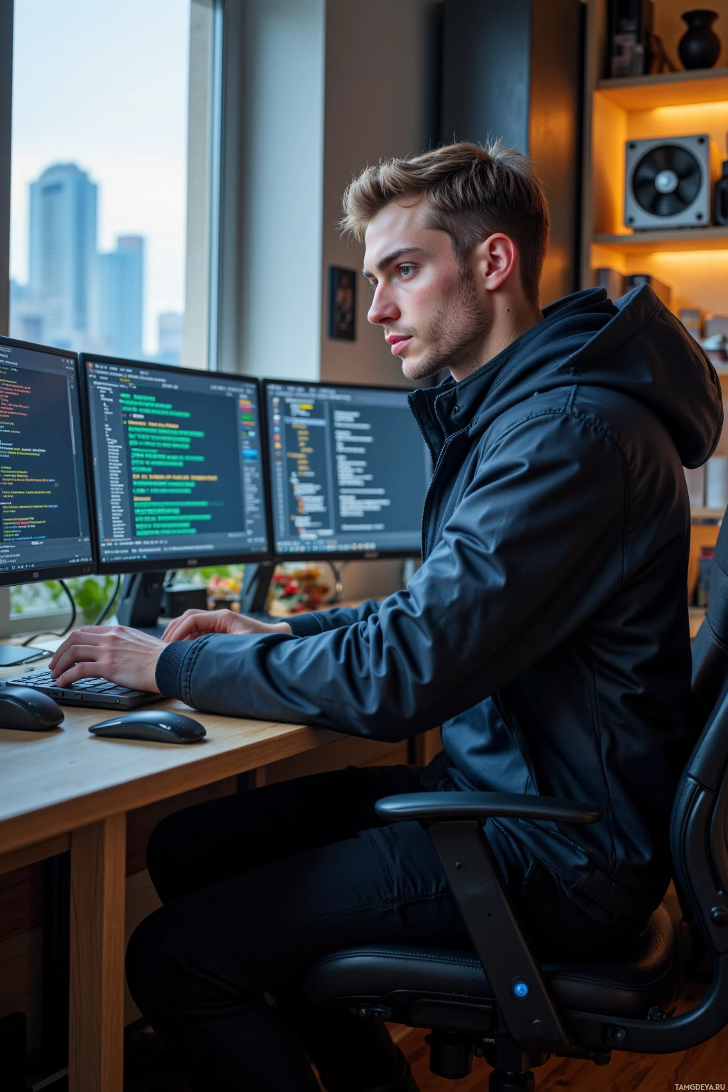 A person is working at a desk with multiple computer monitors displaying code.