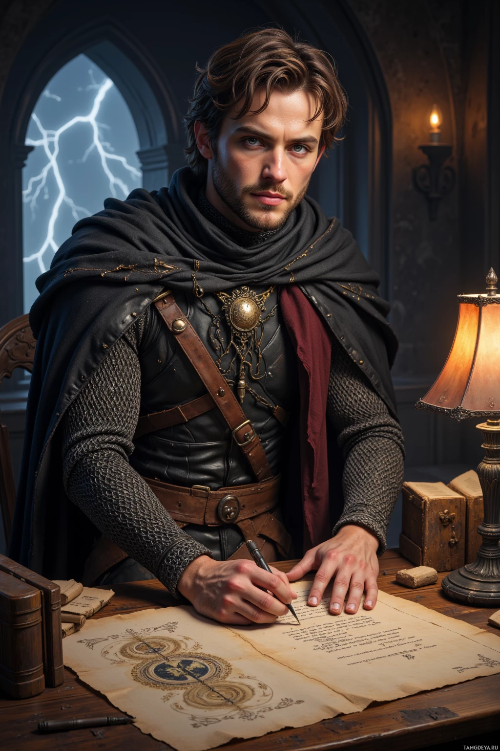 A man in medieval attire sits at a desk, writing on parchment.