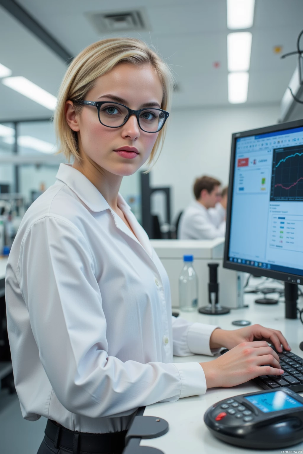 A woman in a lab coat works at a computer in a laboratory setting.