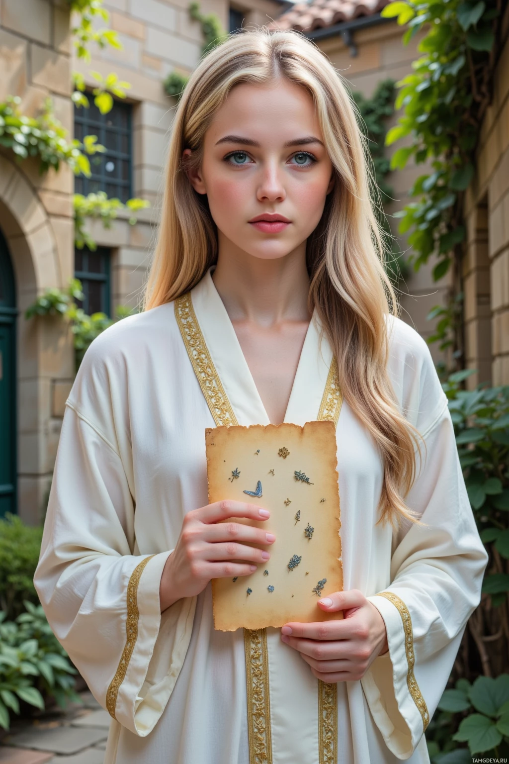 A person in a white robe with gold trim holds a piece of paper with small dried leaves.