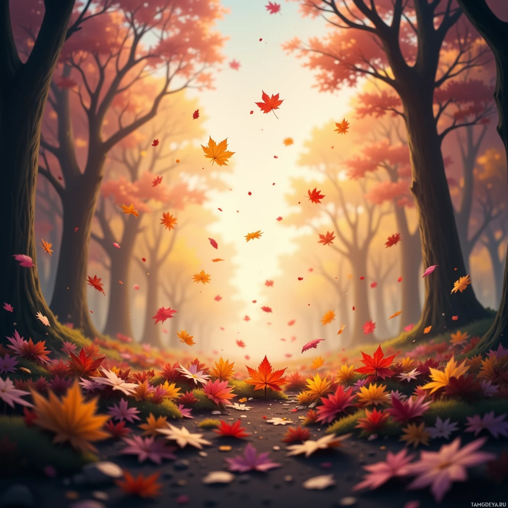 A serene autumn forest scene with falling leaves and warm, glowing light.