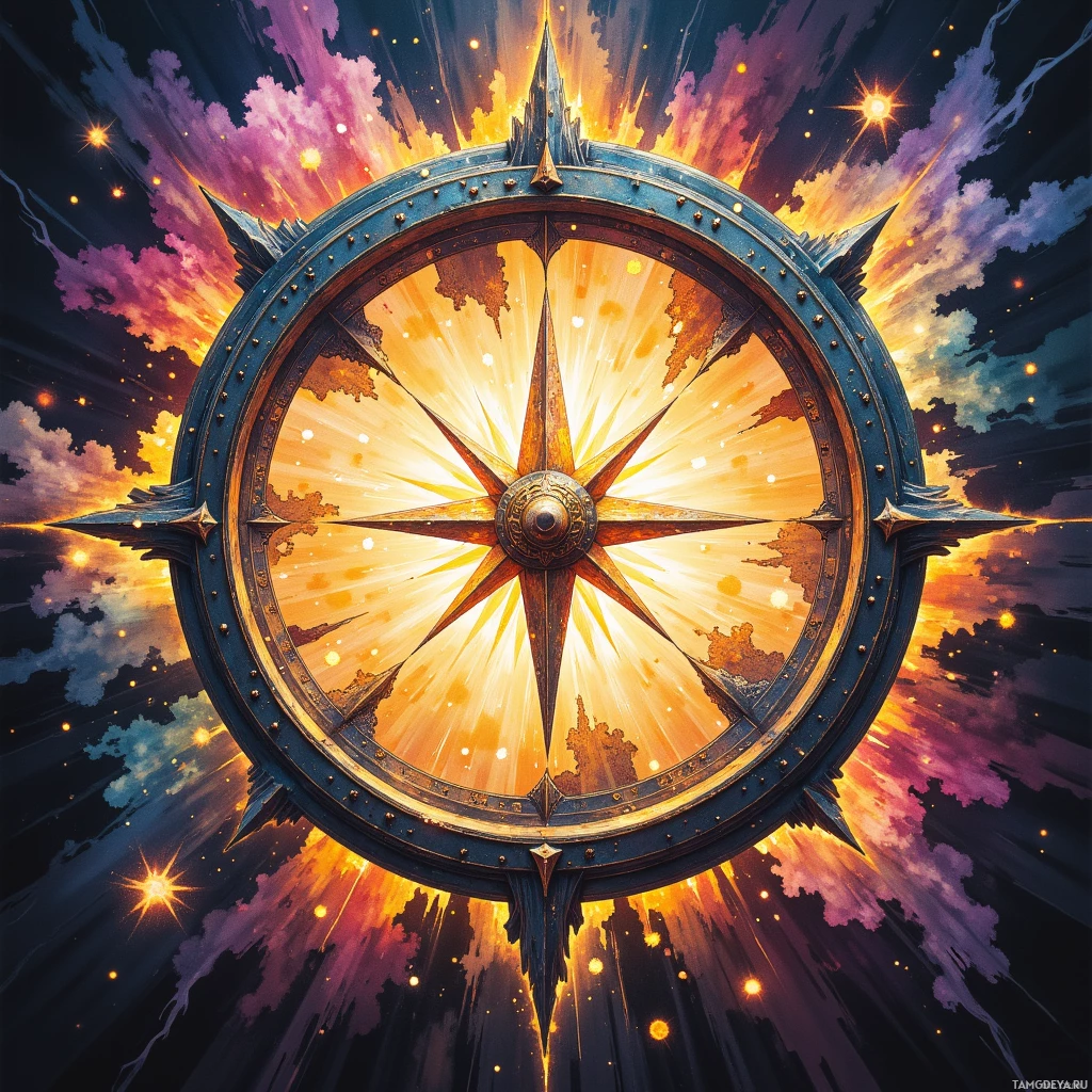 A radiant compass-like symbol with a starburst design, set against a cosmic background of stars and clouds.