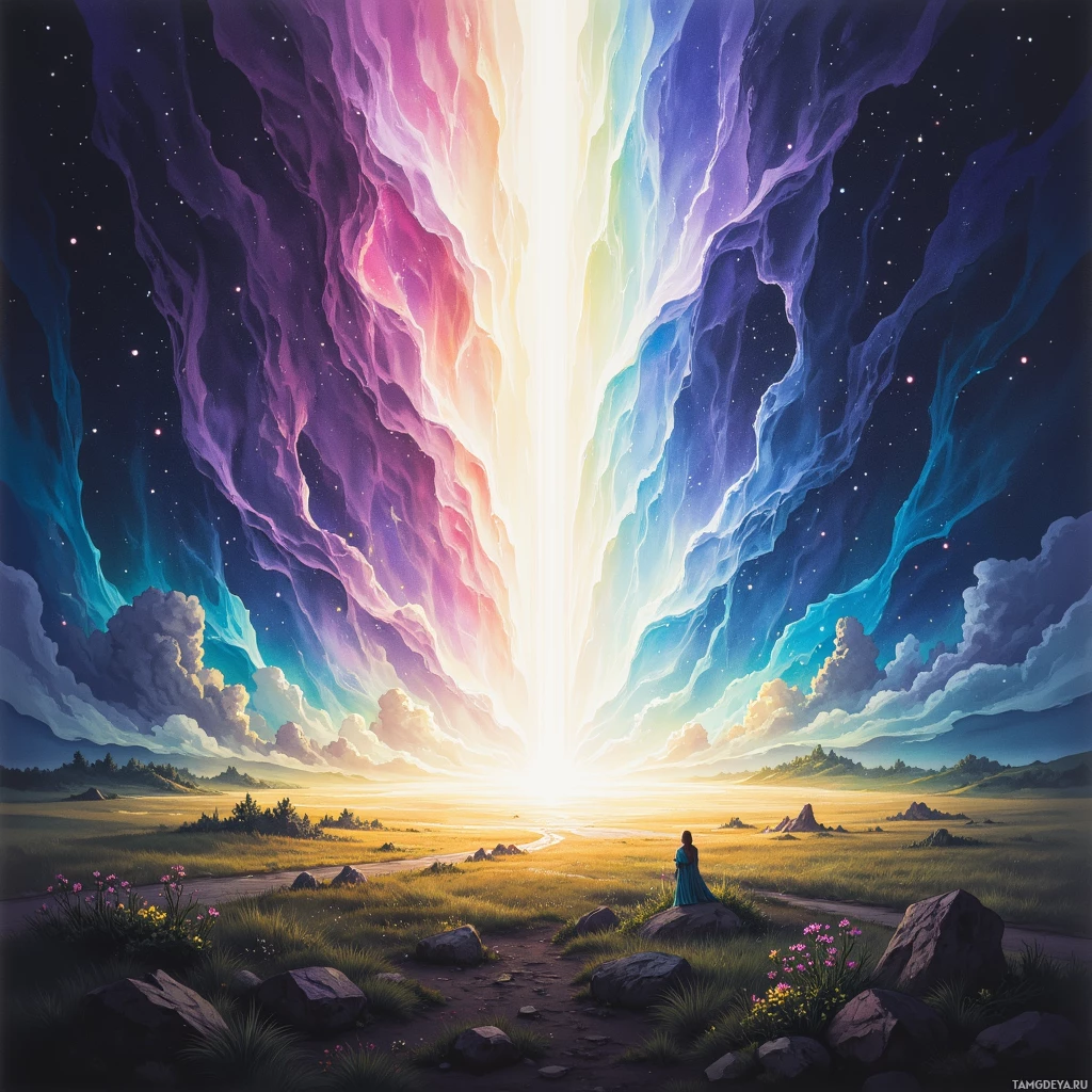 A serene landscape with a vibrant sky and a solitary figure in a field.