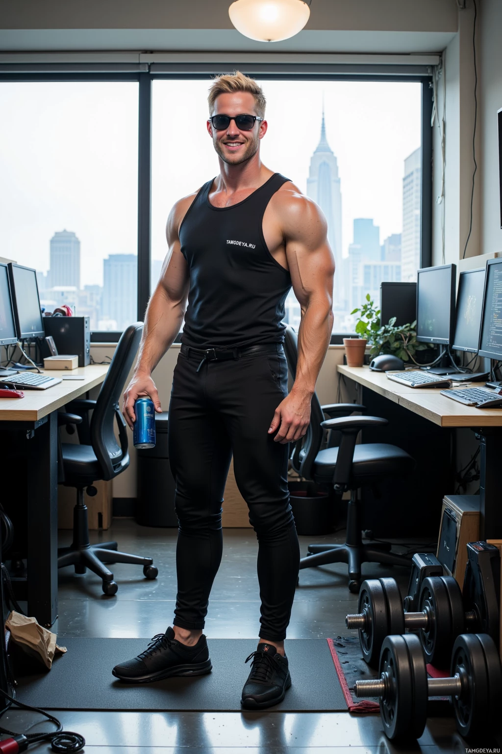 A muscular man in a black tank top and pants stands in an office with a cityscape view.