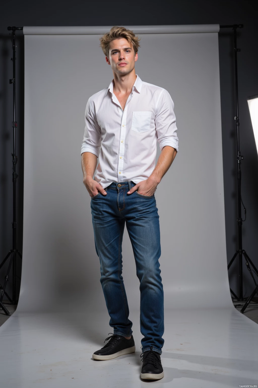A person stands in a studio setting wearing a white shirt and jeans.