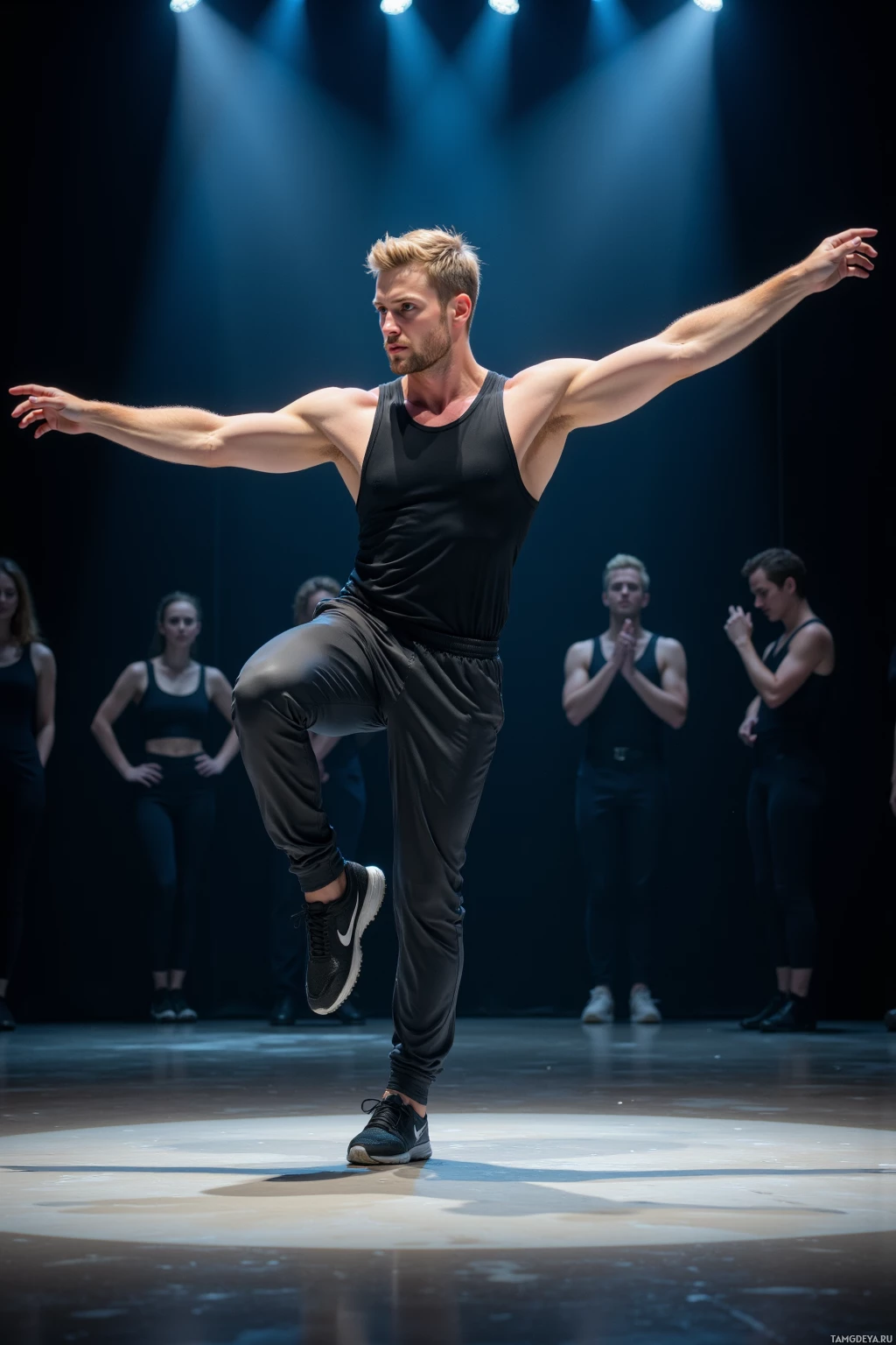 A male dancer in a black tank top and pants performs a split on stage under spotlight.