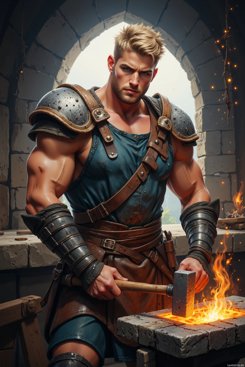 A muscular man in armor stands at a forge, holding a hammer over glowing molten metal.