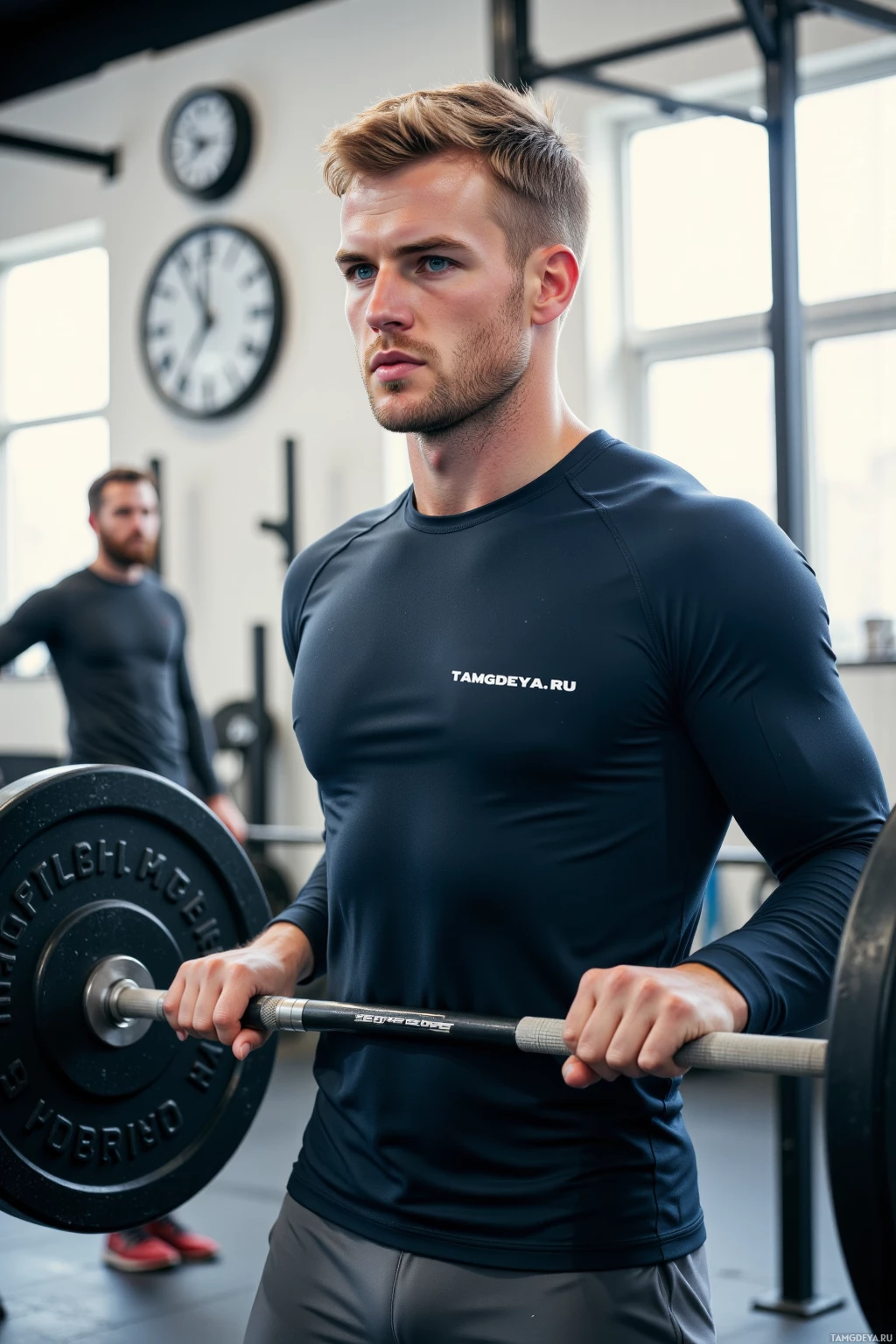 A man in a gym holds a barbell, wearing a dark athletic shirt.