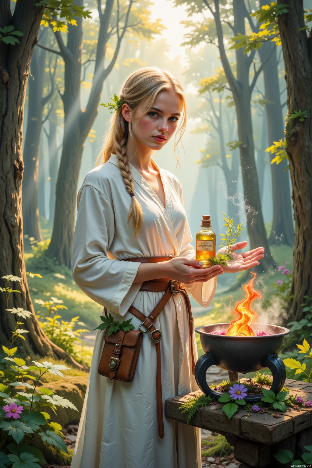 A woman in a forest holds a glowing bottle and a sprig of herbs, with a fire burning in a cauldron nearby.