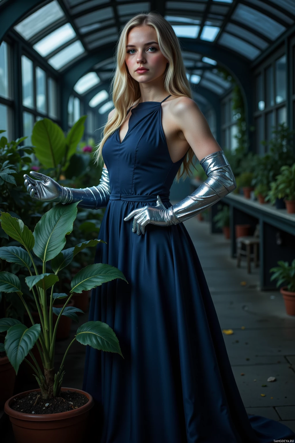 A woman in a dark blue dress and metallic gloves stands in a greenhouse.