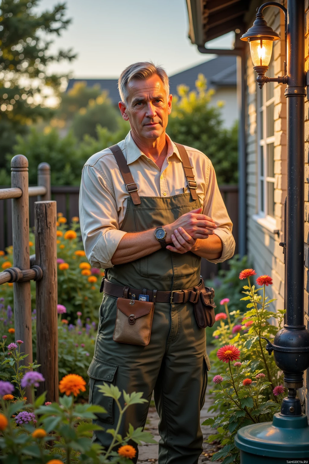 A man in a beige shirt and green overalls stands in a garden with flowers and a lamp post.