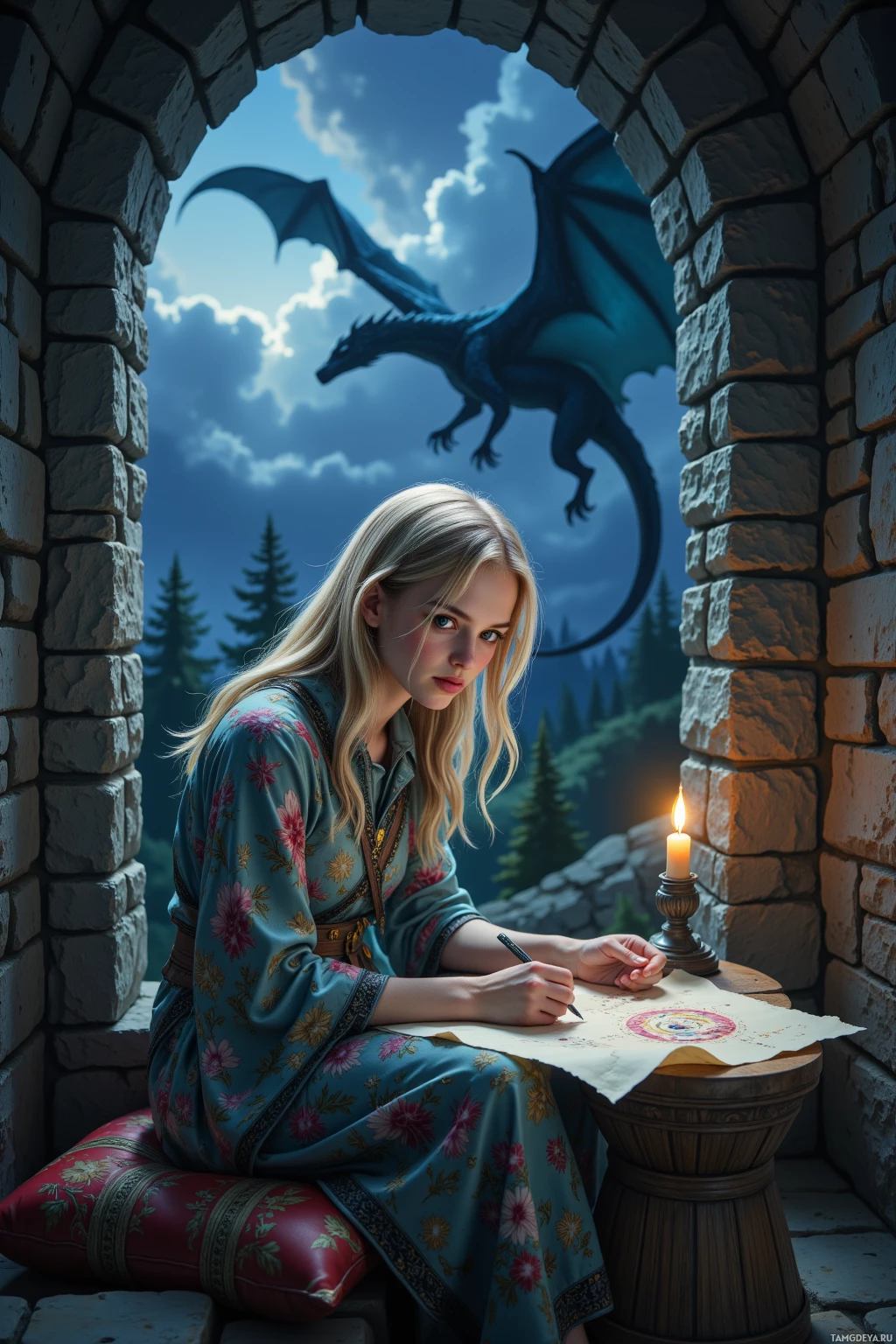 A young woman sits at a candlelit table, drawing on parchment, with a dragon flying outside a stone window.