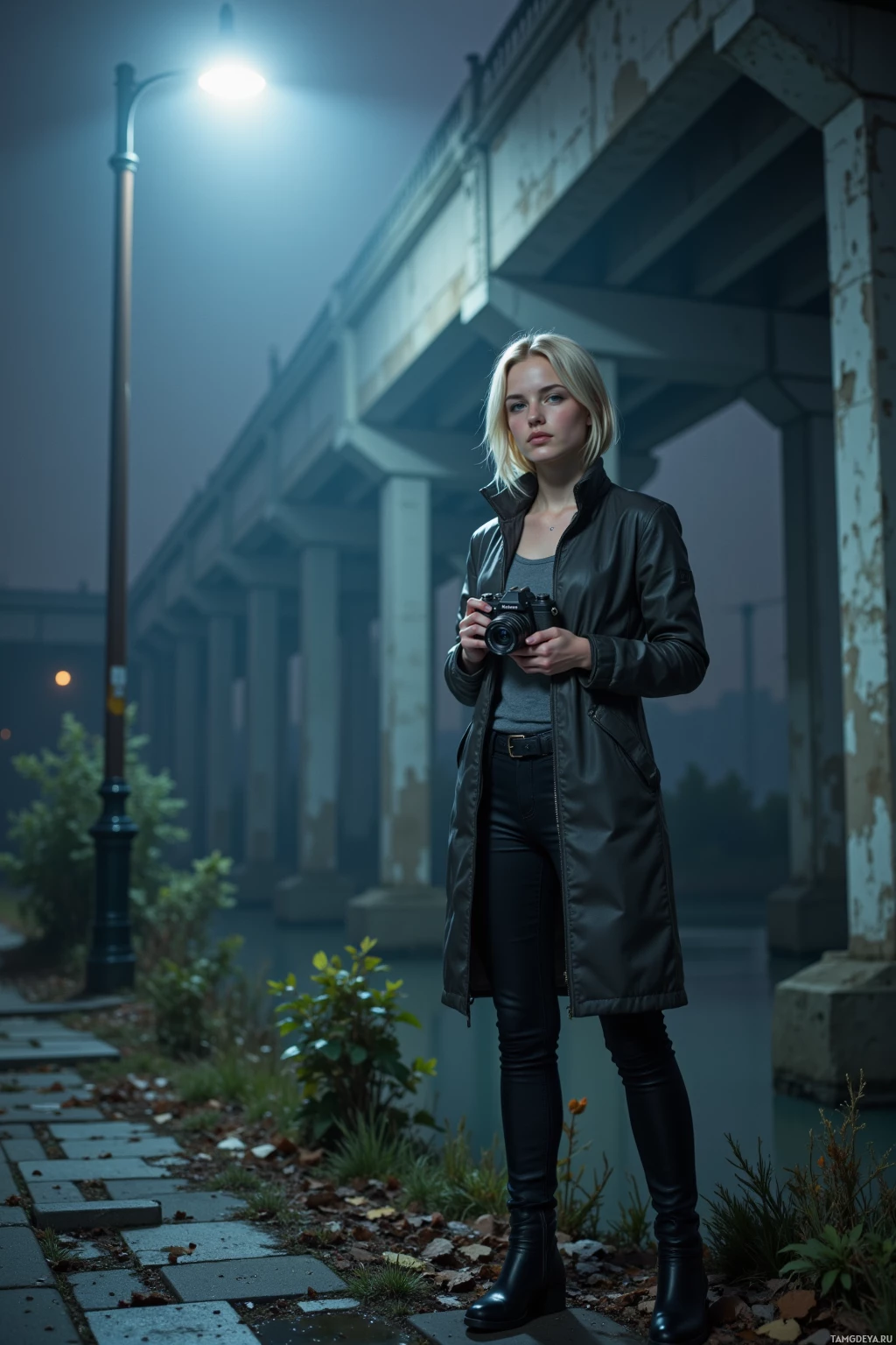 A person stands under a bridge at night, holding a camera.
