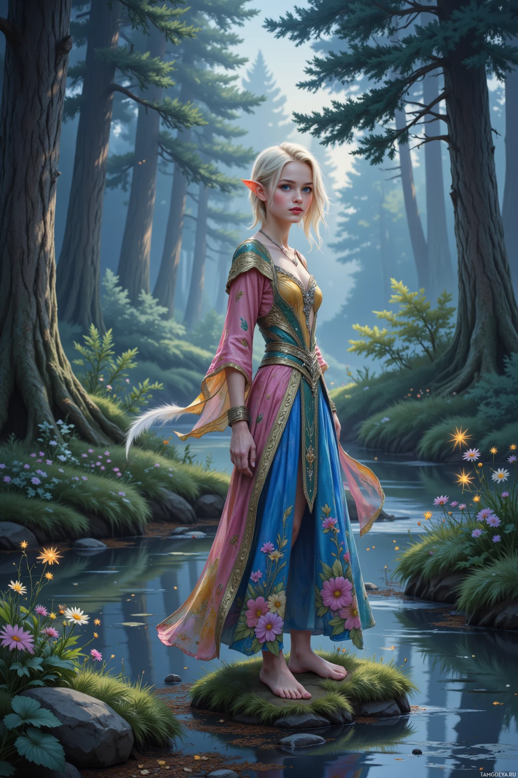 A woman in a colorful, floral dress stands on a mossy rock in a serene forest setting.