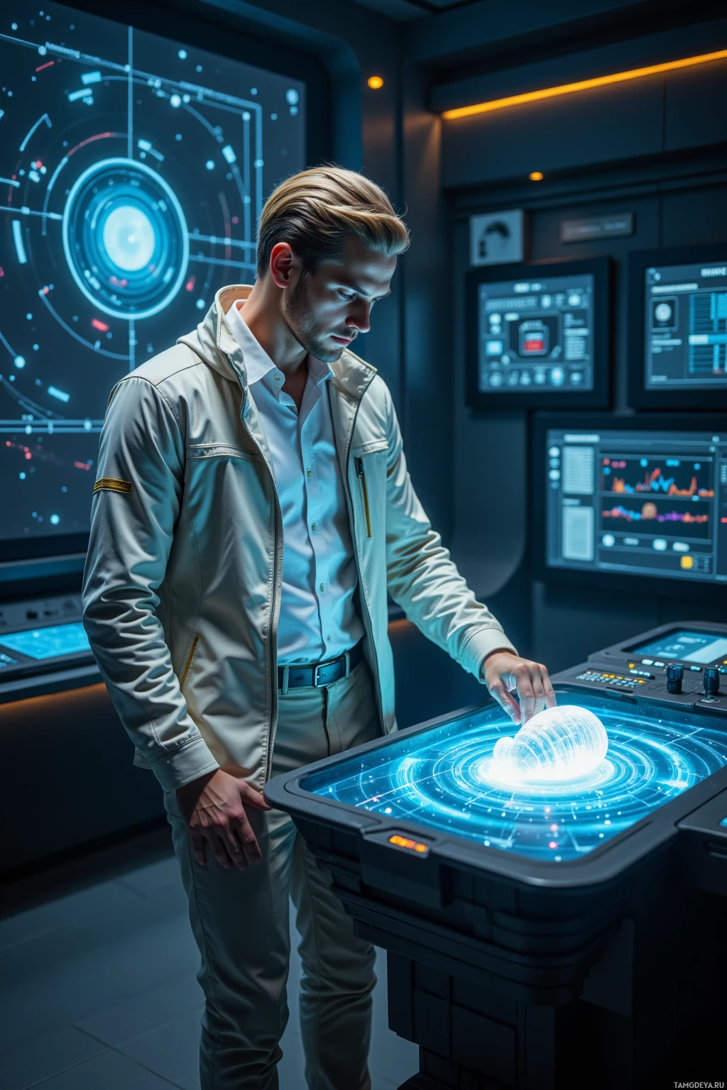A man in a futuristic control room interacts with a glowing, interactive display.