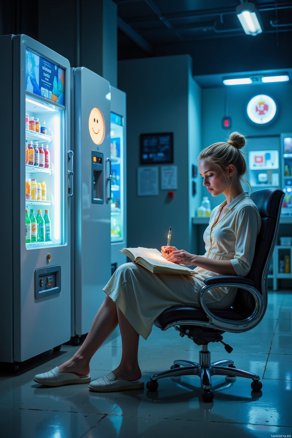 A woman sits in a chair, writing in a notebook with a pen, next to a vending machine.