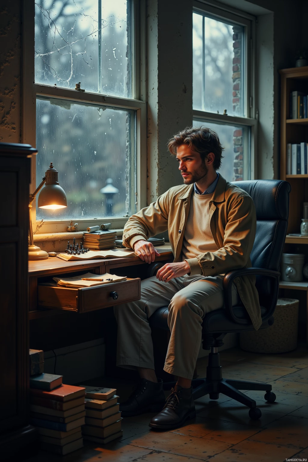 A man sits at a desk by a window, surrounded by books and a lamp.