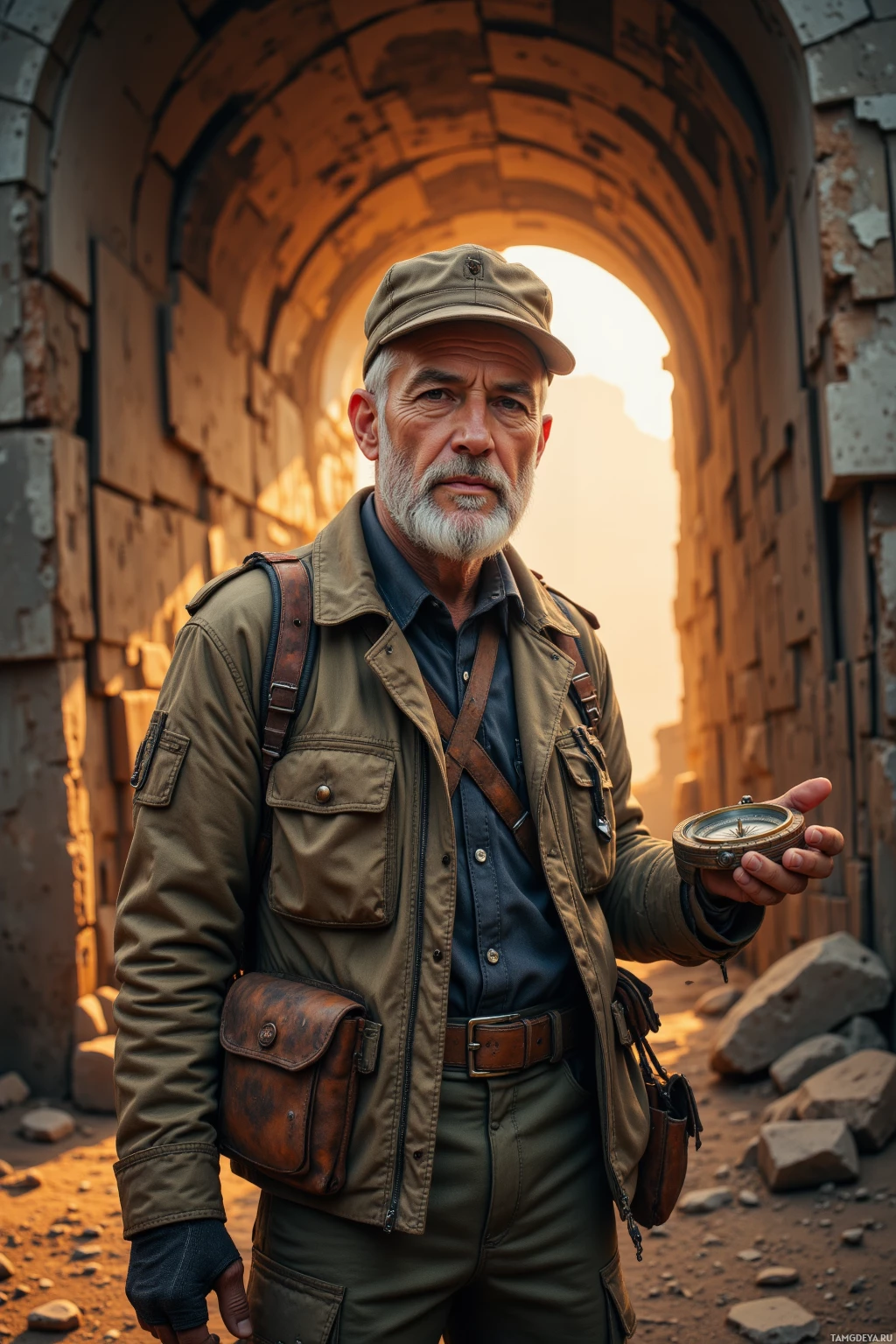 A man in a safari outfit holds a compass, standing in an ancient stone archway.