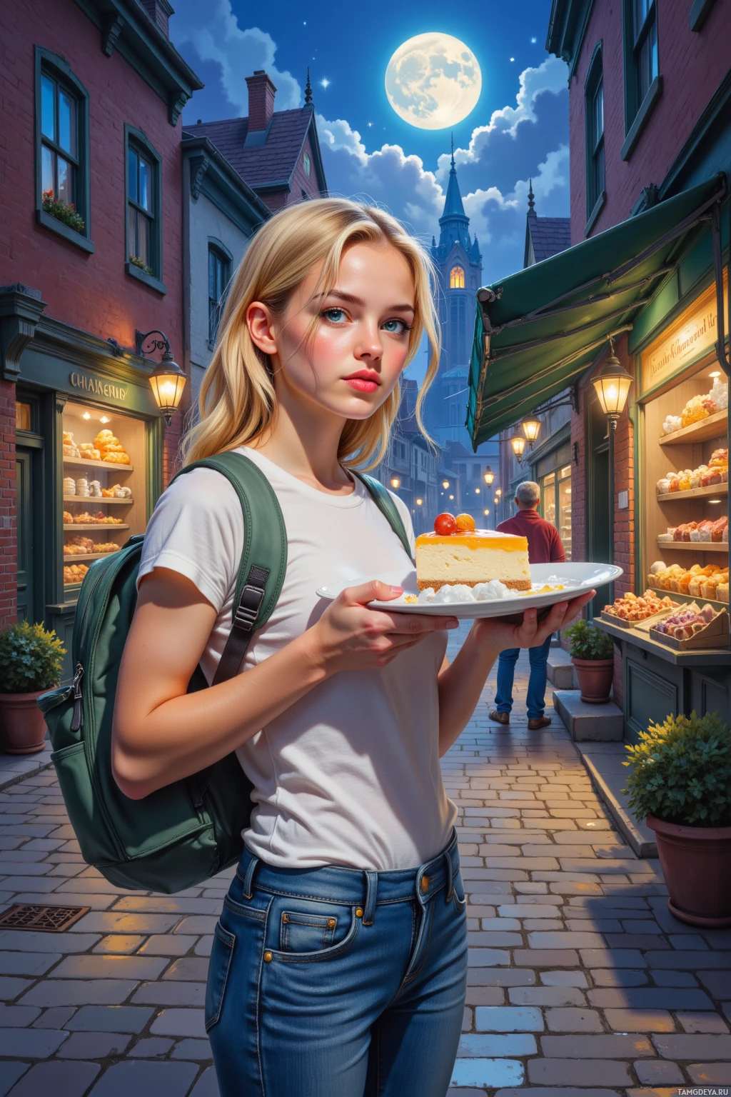 A person with a backpack holds a plate of cake in a quaint, moonlit street scene.