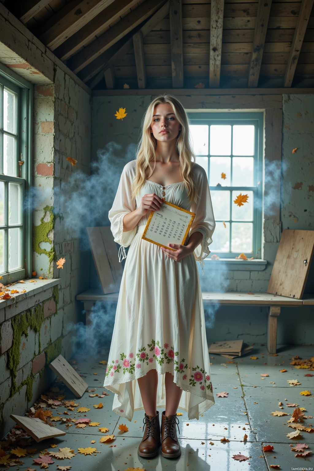 A woman in a white dress stands in a rustic room with falling leaves and smoke.