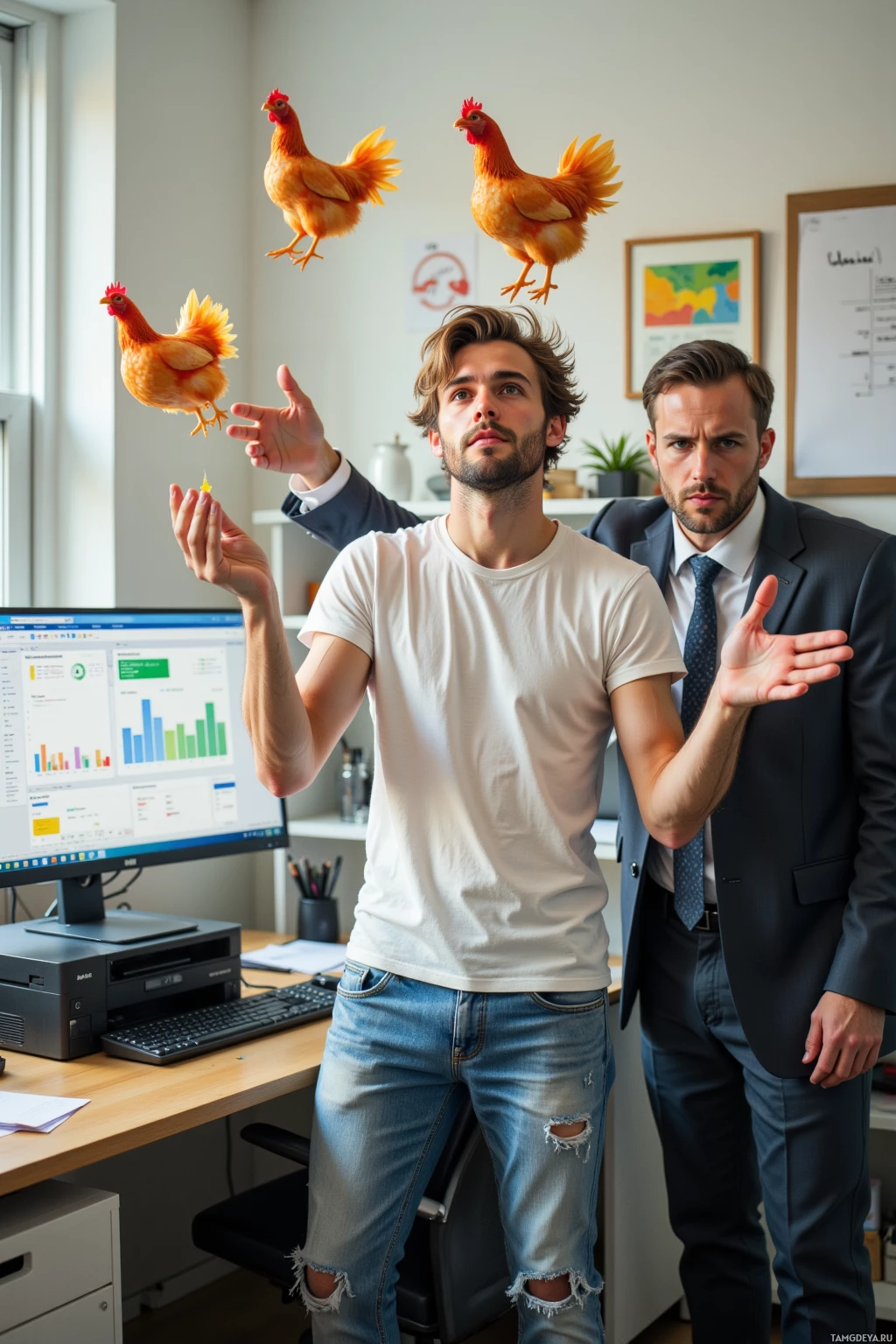 Two men in an office setting with chickens floating above them.