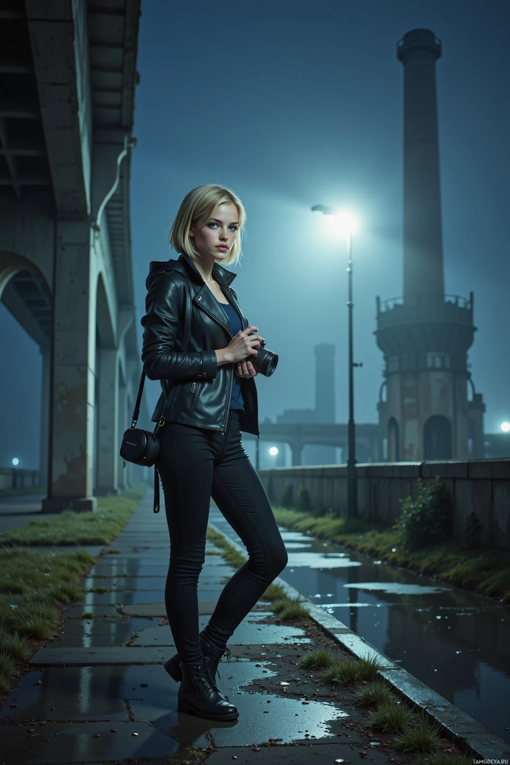 A woman stands on a wet sidewalk at night, holding a camera, with a bridge and industrial structures in the background.