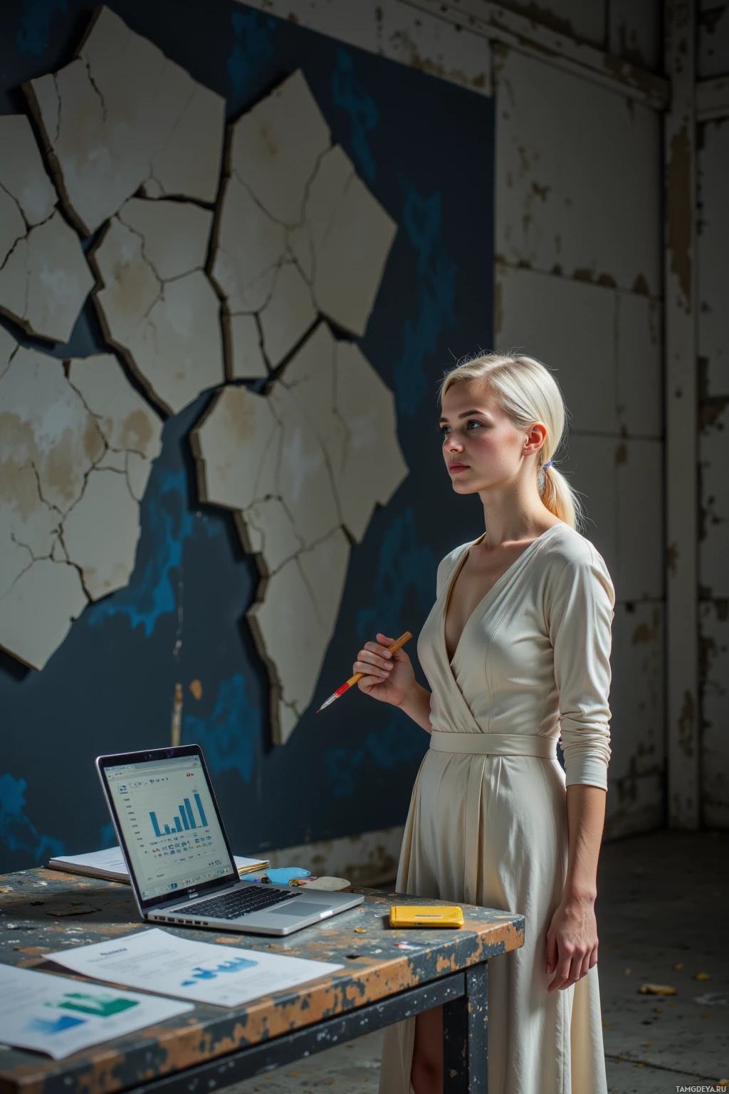 A woman in a beige dress stands beside a desk with a laptop and documents, in a room with peeling paint.