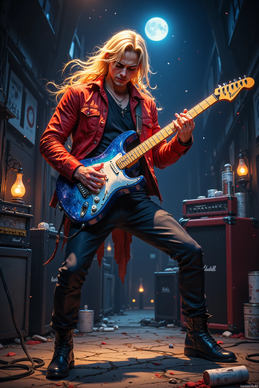 A musician in a red jacket plays a blue electric guitar in a dimly lit alleyway.